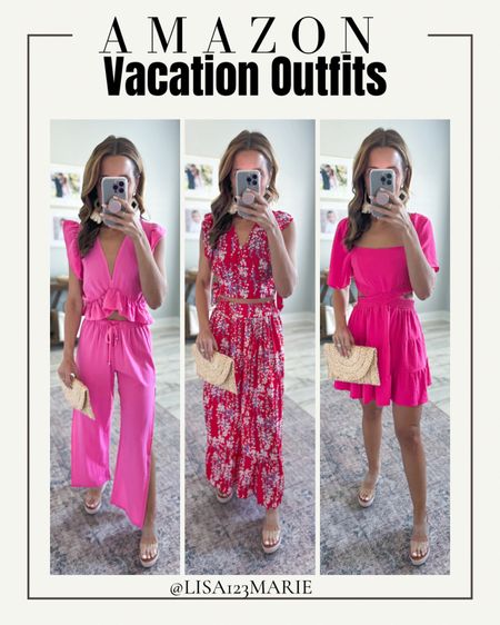 Amazon vacation outfits. Amazon resort wear. Honeymoon outfits. Cruise outfits. Summer outfits. Spring outfits. Matching sets. Beach vacation. Tropical vacation. Clear wedges are TTS. 

*Wearing smallest size in each. I added a safety pin to the matching skirt set to tighten waist. 

#LTKwedding #LTKshoecrush #LTKtravel