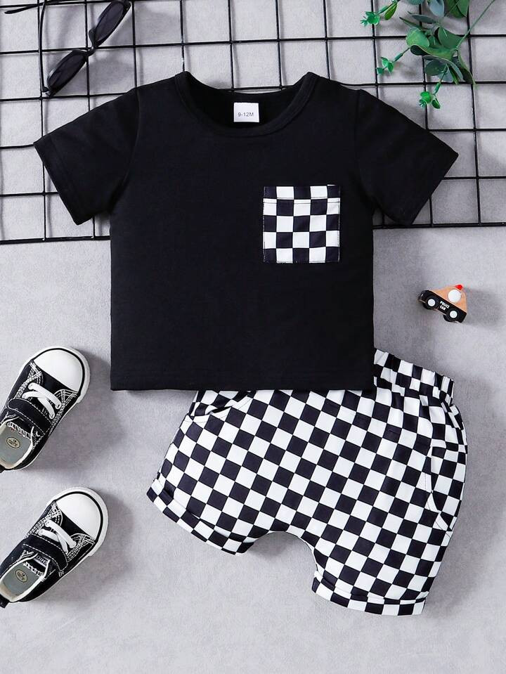 Baby Boy 2pcs Pocket Short Sleeve Top And Black & White Plaid Shorts Simple Fashionable Outfit Sp... | SHEIN
