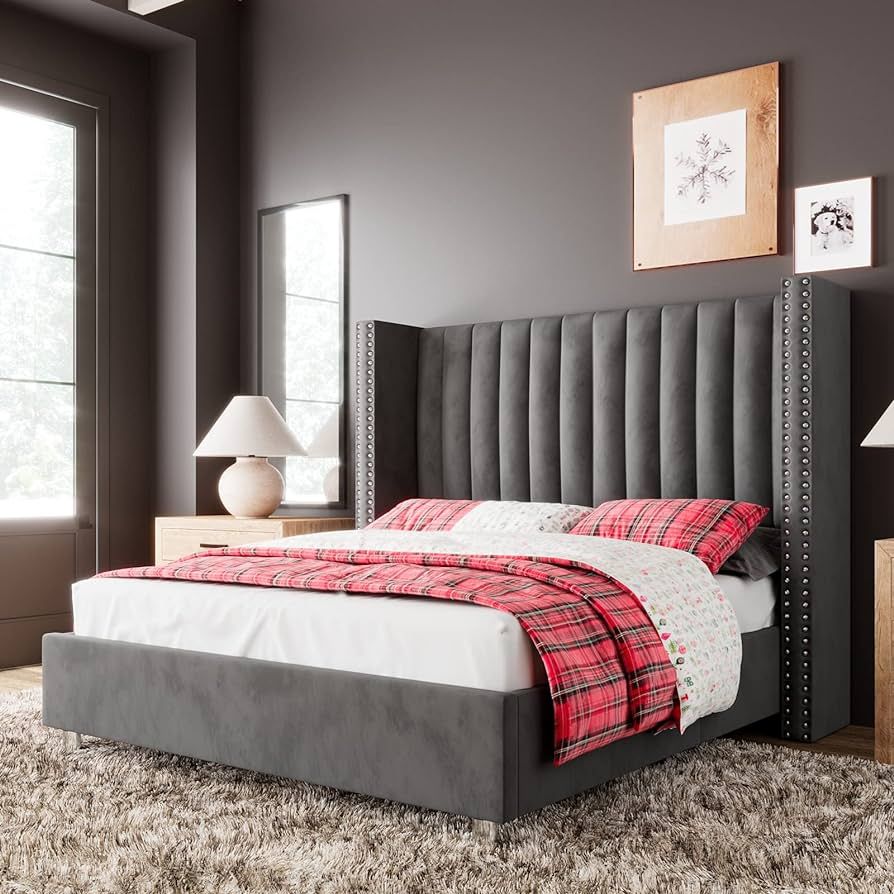 Jocisland Platform Bed Frame Velvet Upholstered Bed Queen Size Dark Grey | Amazon (US)