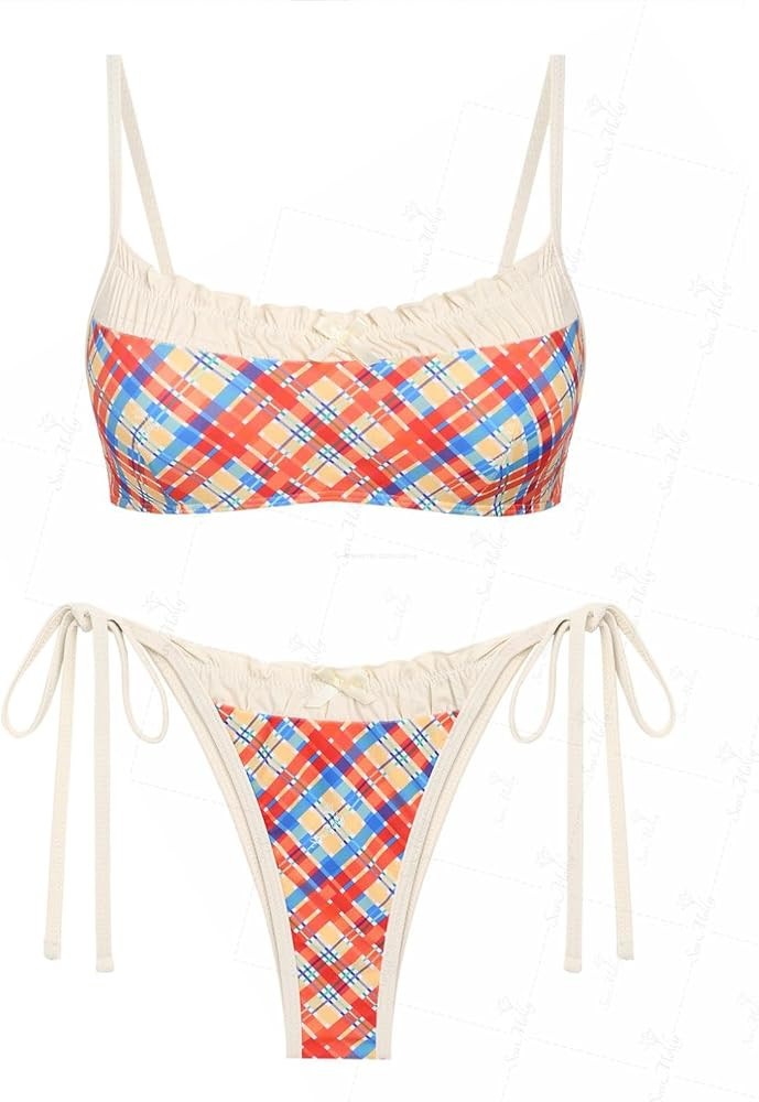 seamoly Gingham Spliced Ruched Ruffles Trim Bowknot Decor Tie Side Bikini Set | Amazon (US)