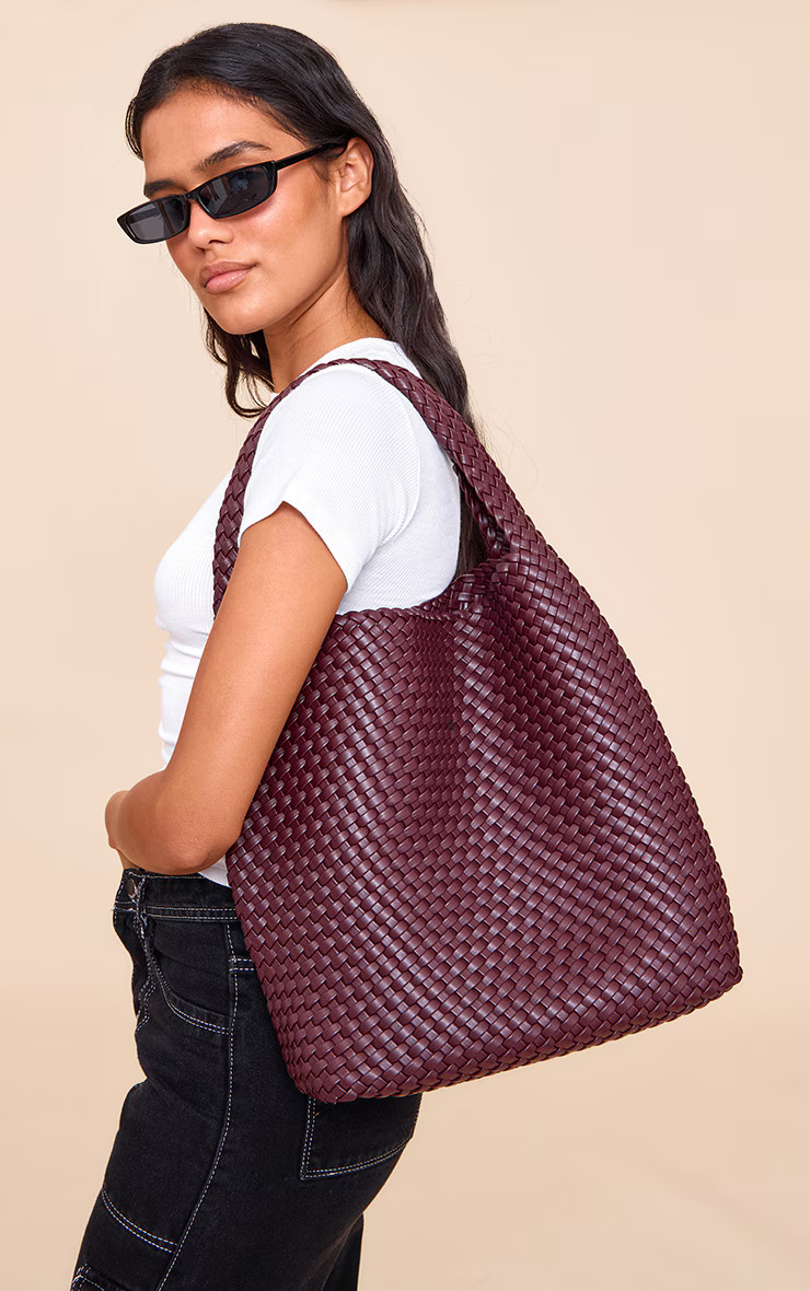Premium Burgundy Pu Weave Shoulder Bag | Accessories | PrettyLittleThing UK