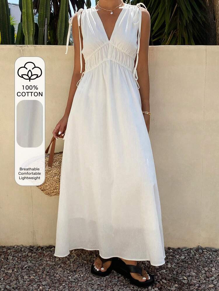 Livesso Elegant White V-Neck Tie-Waist Cotton Midi Dress, Suitable For Summer Vacation & Party Sun Dresses For Women | SHEIN