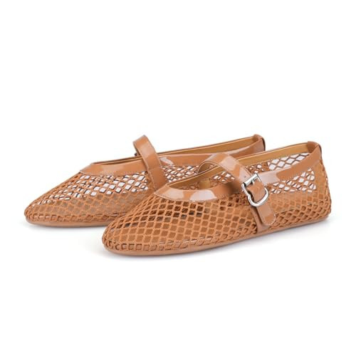 Adrizzlein Mesh Ballet Flats for Women Ballerina Flats Brown Mesh Ballet Shoes Buckle Strap Wide Width Fishnet Fishnet Casual Summer Dress Flat Shoes Brown Size 6 | Amazon (US)
