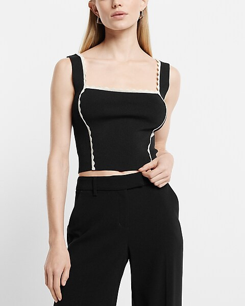Square Neck Scallop Tipped Cropped Sweater Tank | Express