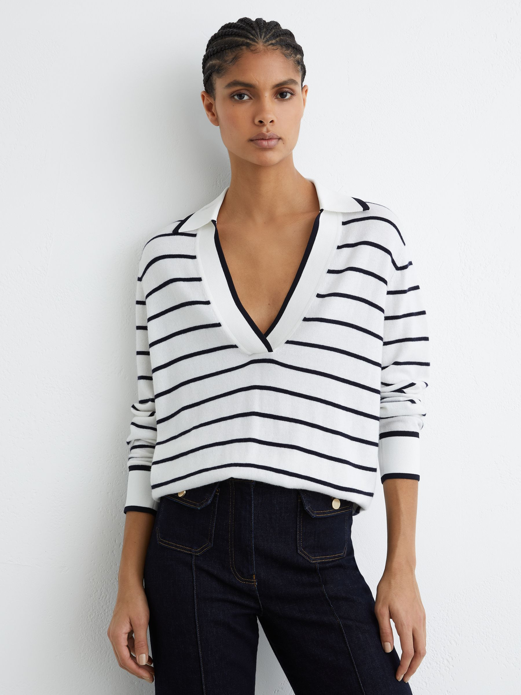Wool-Blend Collar Stripe Jumper with Cashmere in Ivory/Navy | Reiss US