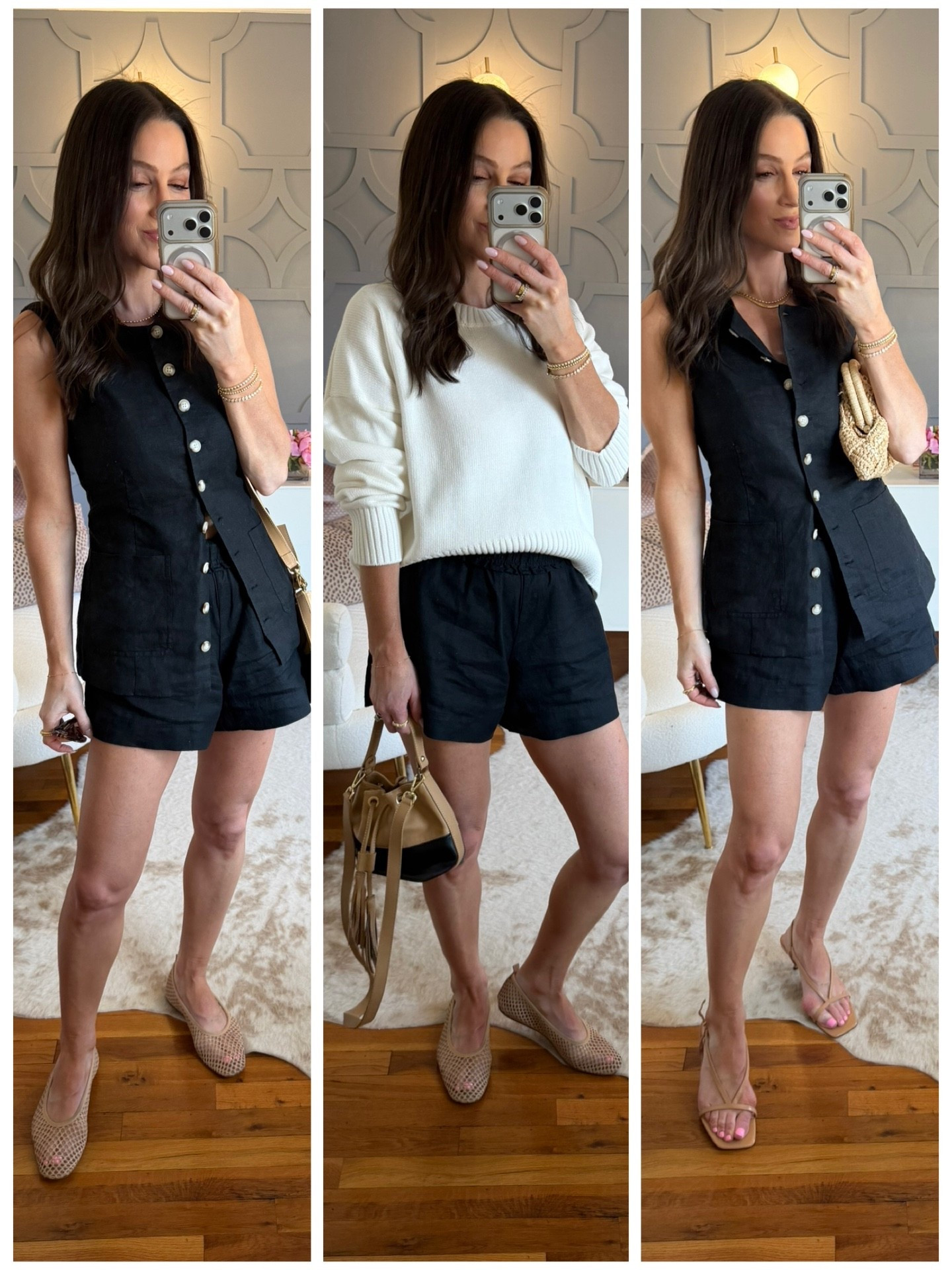 Linen Set — day to night styled with the perfect cotton sweater for spring + summer. And SO incredibly affordable!

Sizing:
Vest: I’m wearing my true size small 
Shorts: I’m wearing my true size small but you could size down one 
Sweater: I’m wearing my true size small. It has a slouchy fit!

@Quince #QuincePartner