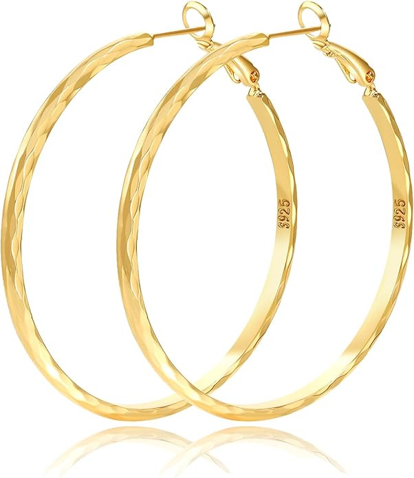 Large Sterling Silver Hoop Earrings for Women Diamond-Cut Silver Hoop Earrings Hypoallergenic Cir... | Amazon (US)