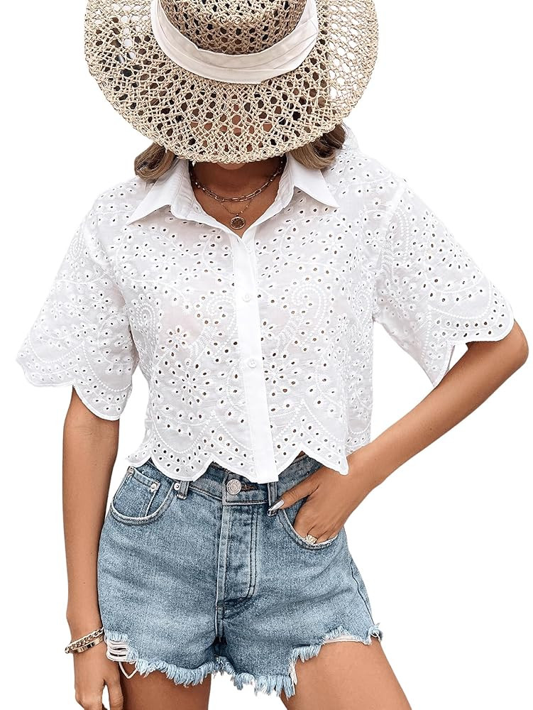 SweatyRocks Women's Short Sleeve Button Down Eyelet Crochet Shirt Asymmetrical Hem Crop Top Blous... | Amazon (US)