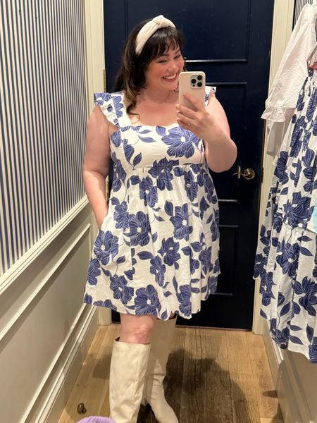 I absolutely LOVE this blue floral dress from Draper James! Bold print, ruffle details, fits like a dream, and perfect for a simple spring outfit. Paired it with my favorite white boots and my go-to white headband. Also it has POCKETS! 

#LTKplussize