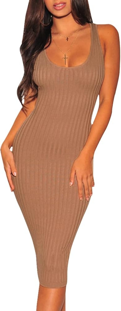 Women's Sexy Casual Bodycon Ribbed Tank Dress Scoop Neck Sleeveless Club Dresses | Amazon (US)