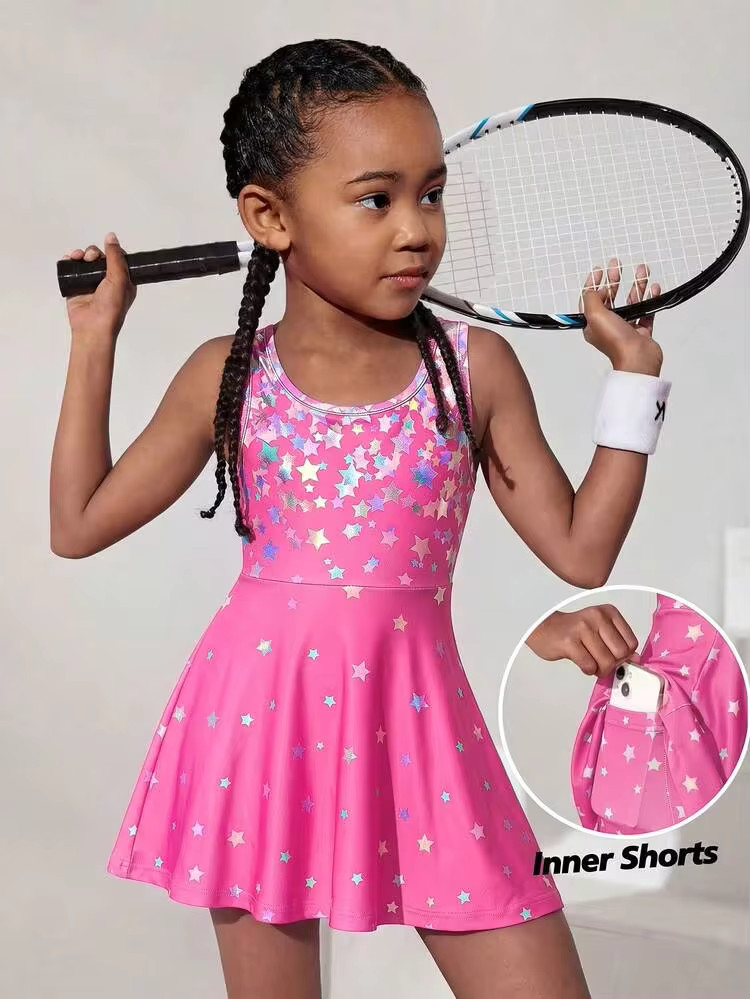 SHEIN Young Girl Knit Star Pattern Round Neck Sleeveless Sports Top | SHEIN