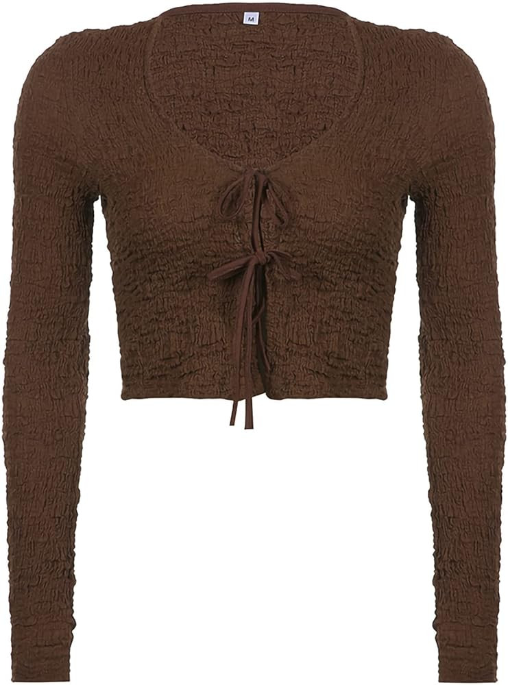 Women Sexy Cropped Top Shirt, Long Sleeve Pleated Tie-Up Crop Tops, Ladies Spring Summer Short Sl... | Amazon (US)