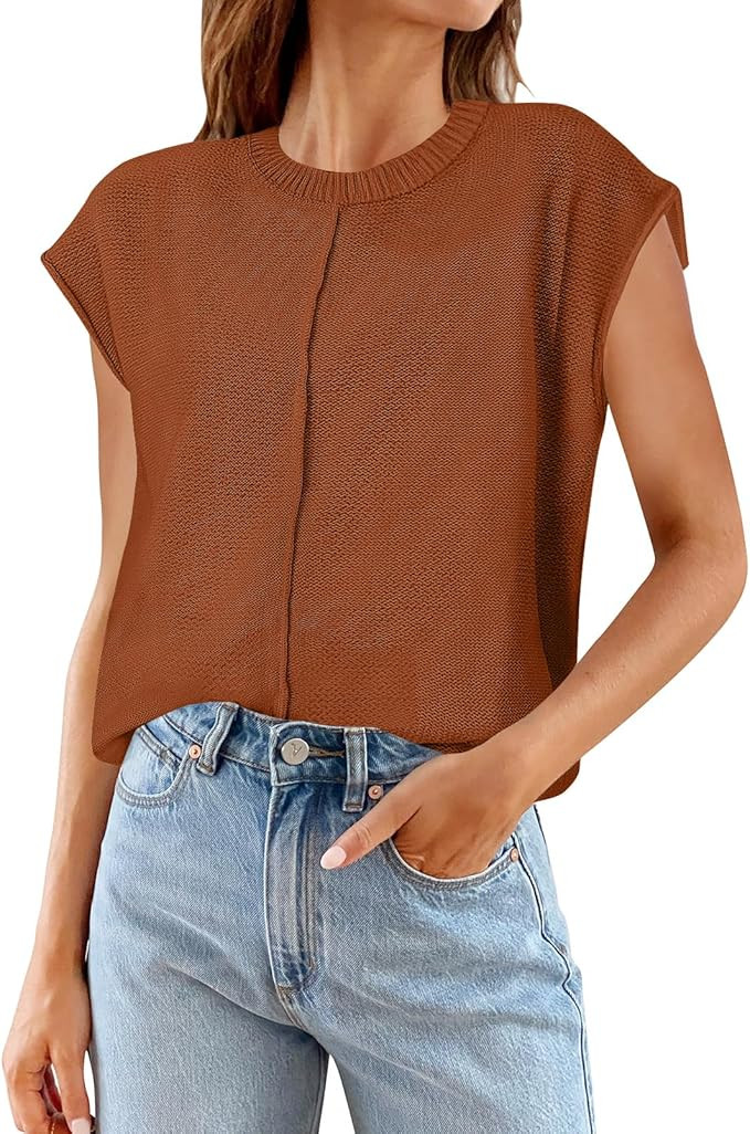 MEROKEETY Women's Summer Cap Sleeve Crewneck Tops Casual Loose Fit Knit Sweater Pullover Tank Top | Amazon (US)