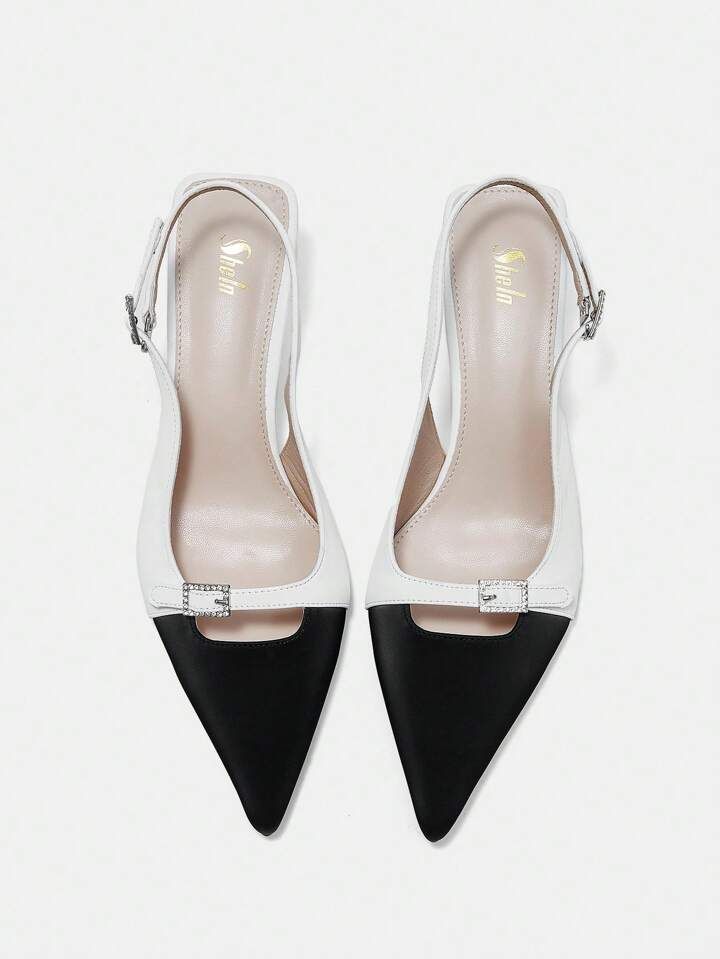 SHEIN BIZwear Black And White Color Block Buckle Detail Back Heel Cutout High Heels | SHEIN