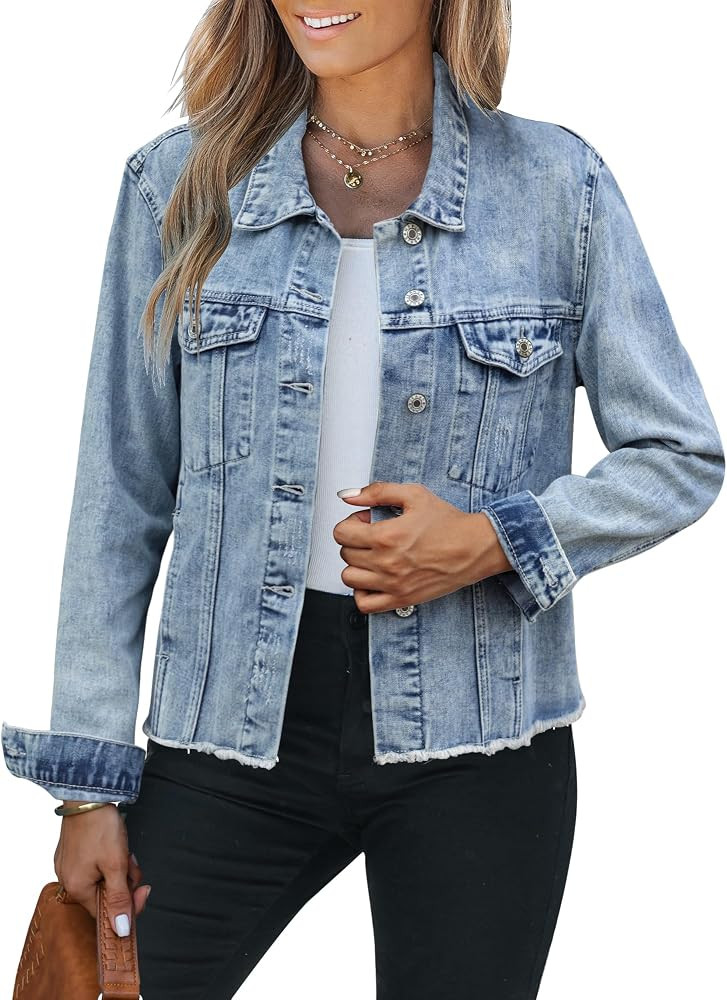 LookbookStore Jean Jackets for Women Trendy Button Down Denim Trucker Jackets Long Sleeves Frayed... | Amazon (US)