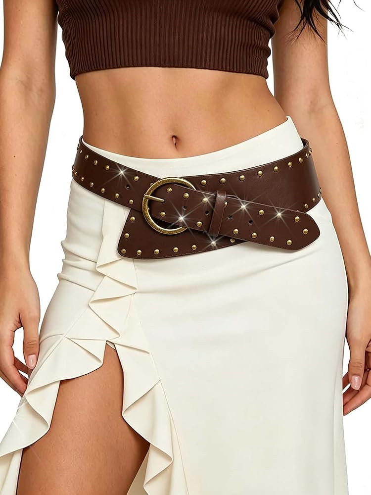Yalice Wide Chunky Rivet Leather Waist Belt Vintage Western Brown Thick Fashion Belt for Women Dr... | Amazon (US)