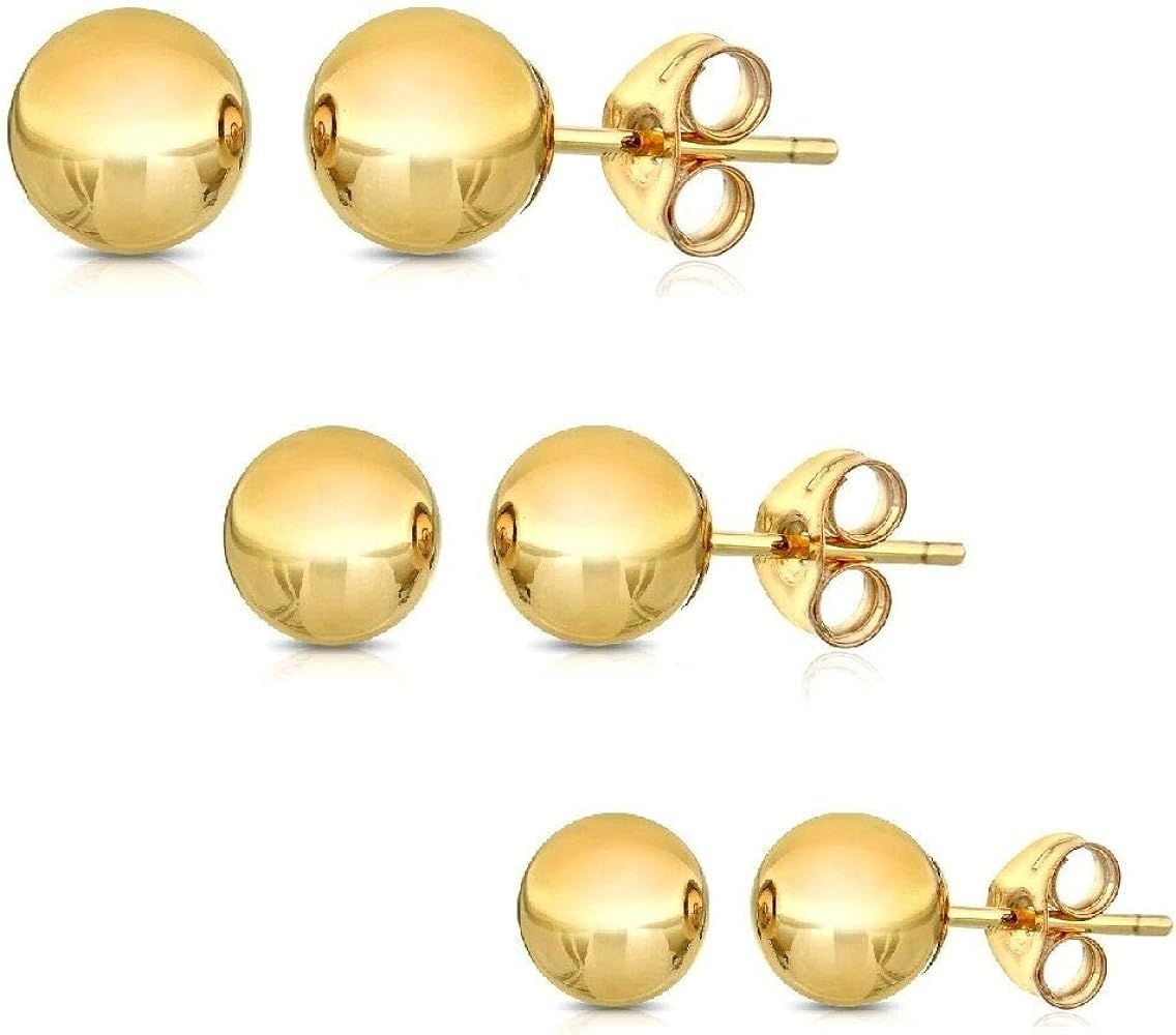 14K Solid Gold Ball Stud Earrings (3-Pair-Pack) 3MM 4MM and 5MM - Choose a Color | Amazon (US)