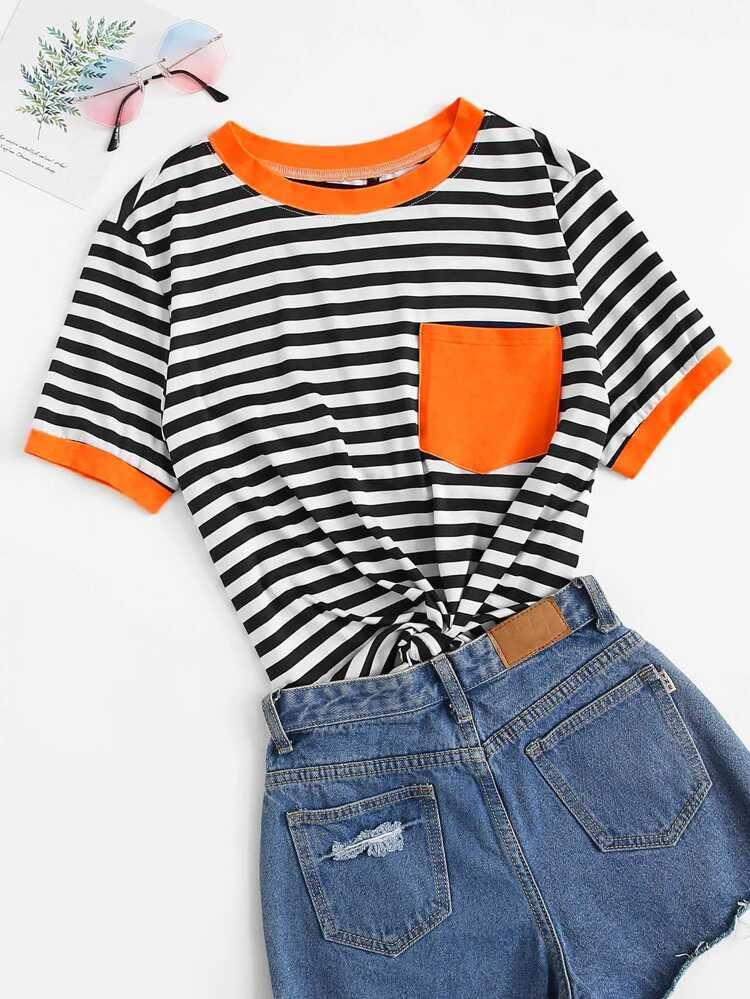 SHEIN Plus Striped Pocket Patch Ringer Tee | SHEIN