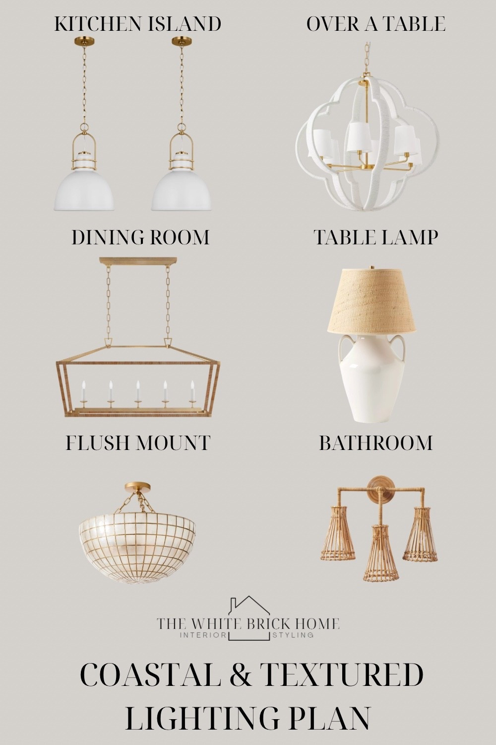 A beautiful mix of texture and brass make up this stunning lighting plan for a coastal feel! 

Lighting plan, table lamp, lamp, ceiling light, flush mount, kitchen pendant, kitchen lighting, chandeliers home decor, home design, coastal home, dining room, dining room decor, dining room ideas, dining room finds, home design ideas, bathroom lighting, Serena and lily, McGee and co, pottery barn 

#LTKootd #LTKHome #LTKSeasonal