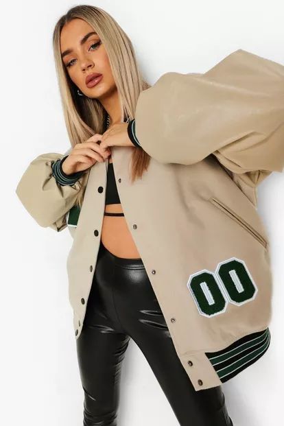 Pu Sleeve Oversized Varsity Jacket | Boohoo.com (US & CA)