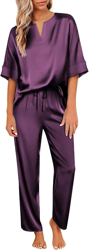 Ekouaer Satin Pajama Set Womens Silk Short Sleeve V Neck Shirt with Long Pant Soft Loungewear Pjs... | Amazon (US)