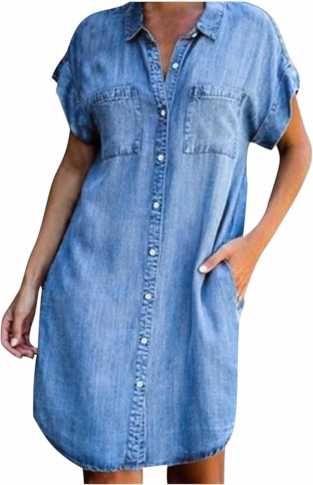 NaRHbrg Summer Denim Shirt Dresses for Womens Short Sleeve Loose Jean Midi Dress Button Down Casu... | Amazon (US)