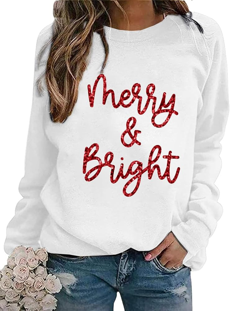 Christmas Sweatshirts Women Merry and Bright Christmas Crewneck Shirts Xmas Holiday Glitter Long ... | Amazon (US)