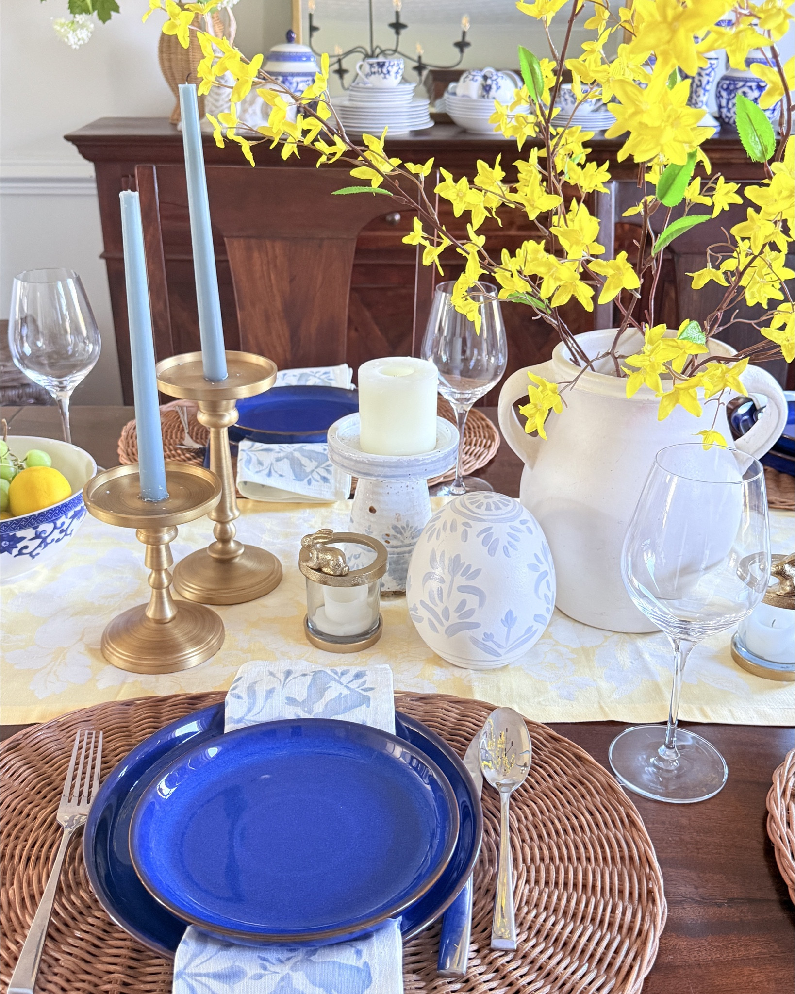 Easter tablescape. Easter table style. Spring table. Spring home decor . Easter decor . Traditional home decor . Blue homedecor . Spring Faux branches . 
#ltk #ltkfind

#LTKSeasonal #LTKSaleAlert #LTKHome