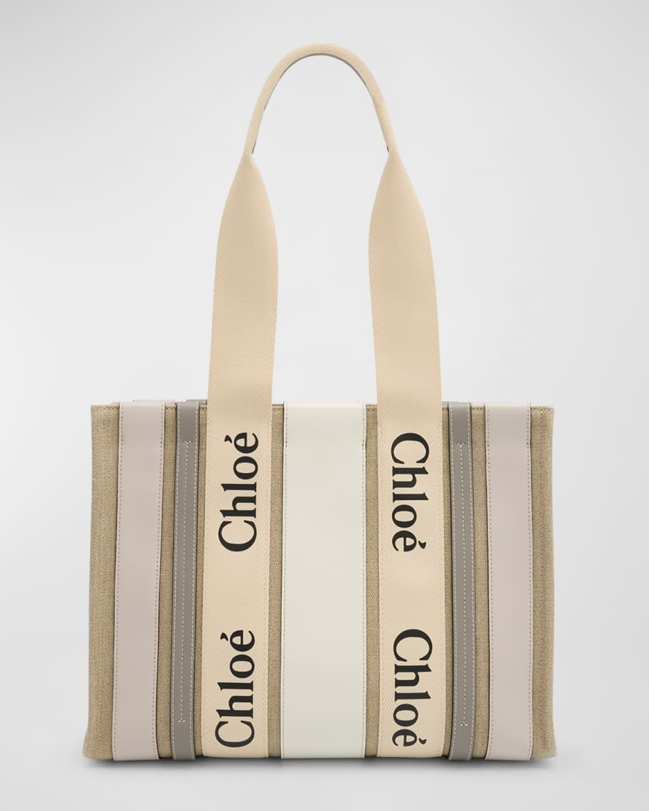 Chloe x High Summer Woody Medium Tote Bag in Striped Linen and Leather | Neiman Marcus