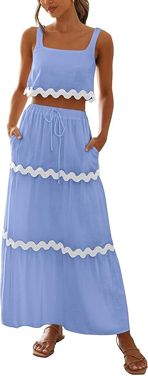 PRETTYGARDEN Womens 2 Piece Summer Casual Sleeveless Cropped Tank Top High Waisted Maxi Skirt Set | Amazon (US)