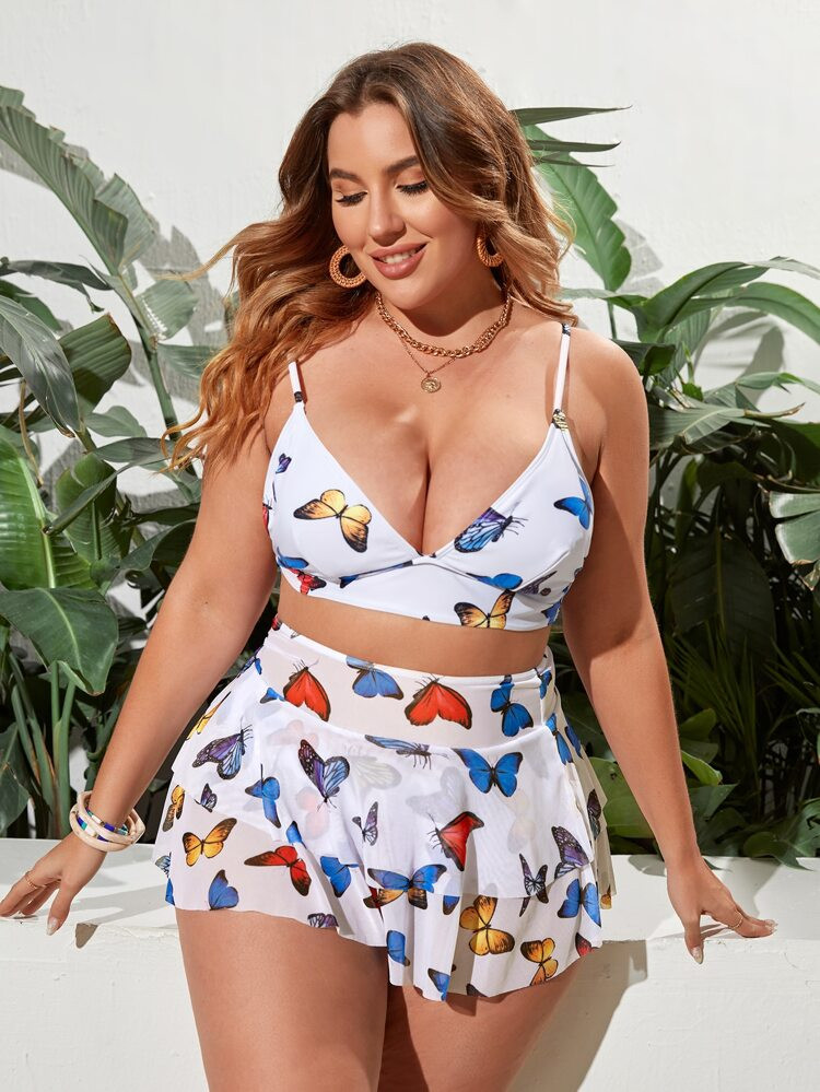 Plus Butterfly Print Bikini Swimsuit With Beach Skirt | SHEIN