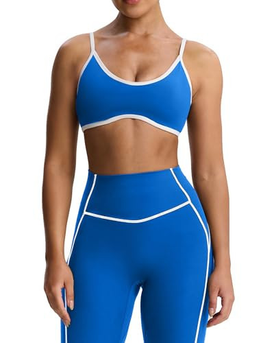 Aoxjox Women's Color Block Workout Sports Bras Fitness Lexi Lined Strappy Bra Athletic Yoga Crop Tank (Directoire Blue/White, Small) | Amazon (US)