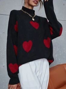 Heart Pattern Mock Neck Drop Shoulder Sweater | SHEIN