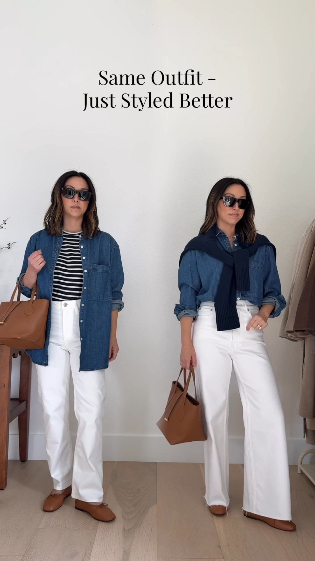 Same outfit, styled better. 3 updates to the look on the right to achieve a much more elevated outfit. 

AYR shirt xs
Everlane cotton sweater xs
Everlane 2.0 Sailor jeans 25, cut hems
Everlane ballet flats 5 - old
Liffner small bag - old
Celine sunglasses 
Electric Picks earrings
Dorsey James necklace 15"

#LTKPetite #LTKgrwm #LTKmomlife