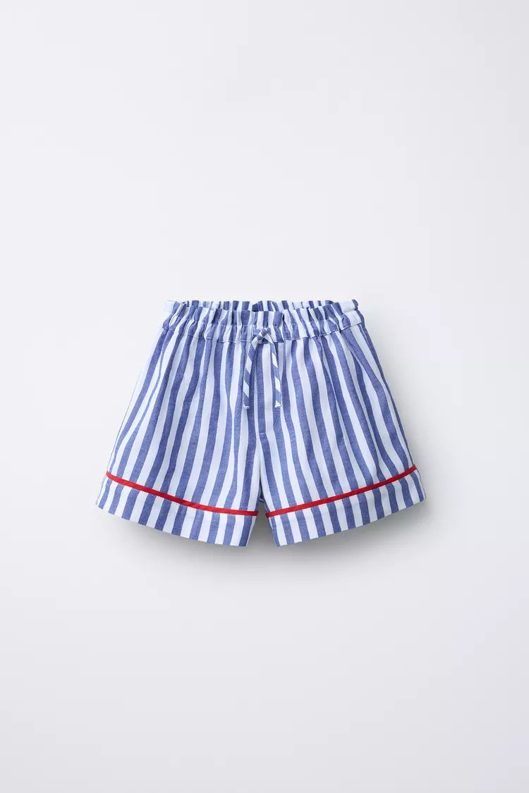 Shorts with elastic waistband and front drawstring appliqu\u00e9. Striped print and piping detail... | Zara US