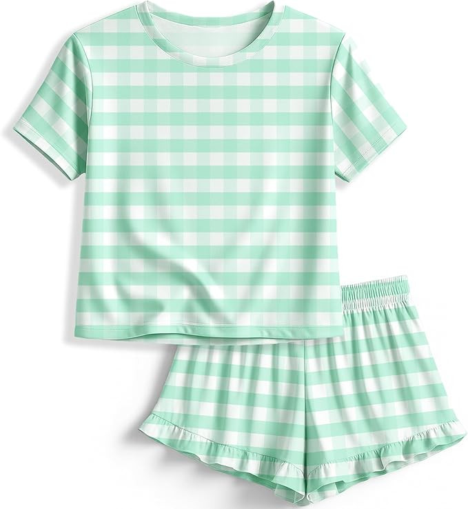 Petite&Me Girls Pajama Set 2 Piece Short Sleeve Top and Ruffle Shorts Soft Breathable Sleepwear K... | Amazon (US)