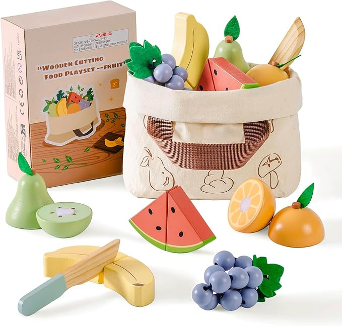 ROBOTIME Wooden Play Food, Kids Kitchen Cutting Set, Toddler Realistic Pretend Play Food, Montess... | Amazon (UK)