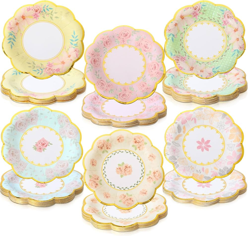 Maxcheck 72 Pcs Floral Paper Plates Flower Plates with Gold Rim Disposable Plates for Tea Party D... | Amazon (US)