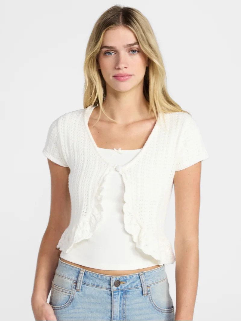 No Boundaries V-Neck Pointelle Cardigan with Short Sleeves, Women's XXS-XXL | Walmart (US)