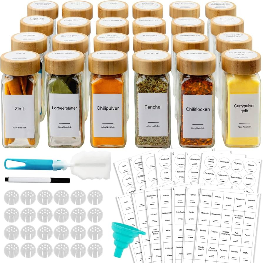 Kiousrm 24 Pcs Glass Spice Jars with Bamboo Airtight Lids and 398 Labels, 4oz Empty Square Contai... | Amazon (UK)