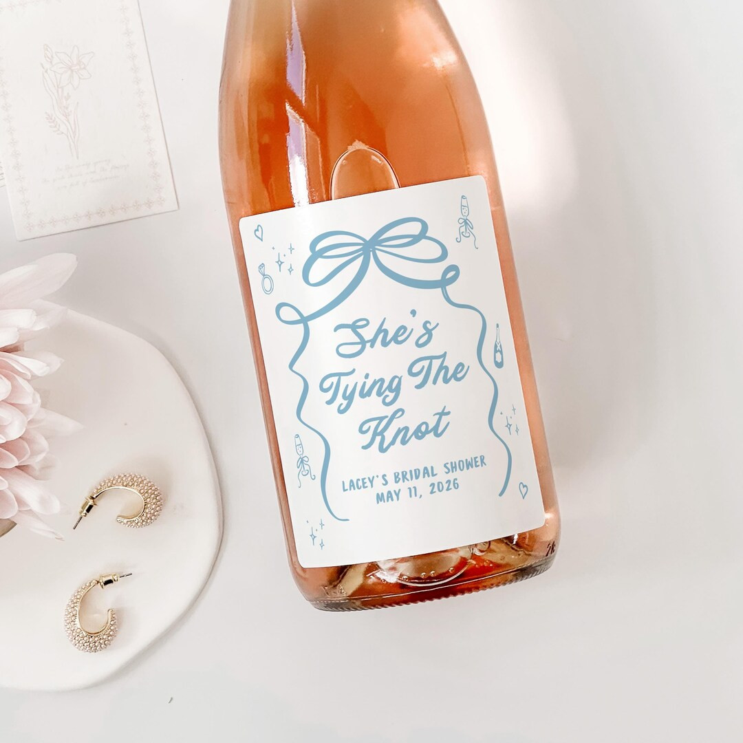 She's Tying the Knot Bridal Shower Wine Labels Blue Bachelorette Champagne Bottle Label Hand Draw... | Etsy (US)