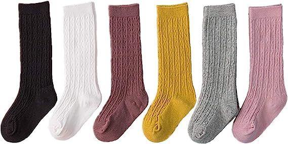 Toddler Knee High Socks - 6 Pairs Little Girls Cable Knit Cotton Stockings | Amazon (US)