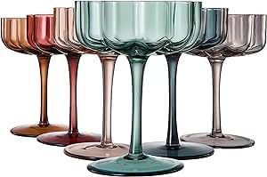 Flower Vintage Wavy Petals Wave Glass Coupes - Set of 6 - Muted Colors 7oz Colorful Cocktail Coup... | Amazon (US)