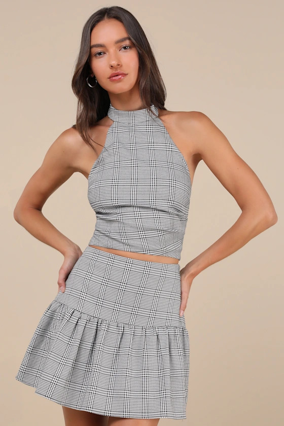 Trendy Momentum Black and White Plaid Backless Halter Top | Lulus