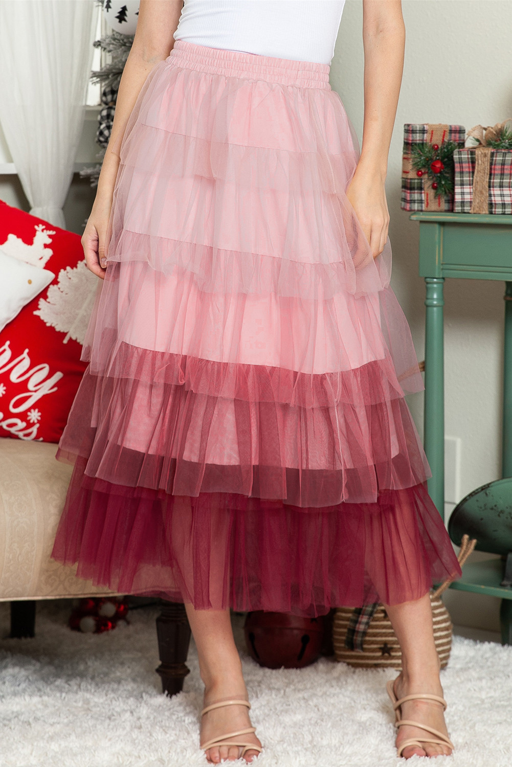 Pink Gradient Mesh Ruffle Tiered Tulle Maxi Skirt | Shewin