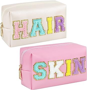 besharppin Preppy Makeup Bag, 2pcs Synthetic Leather Patch Cosmetic Bags with SKIN HAIR Chenille ... | Amazon (US)