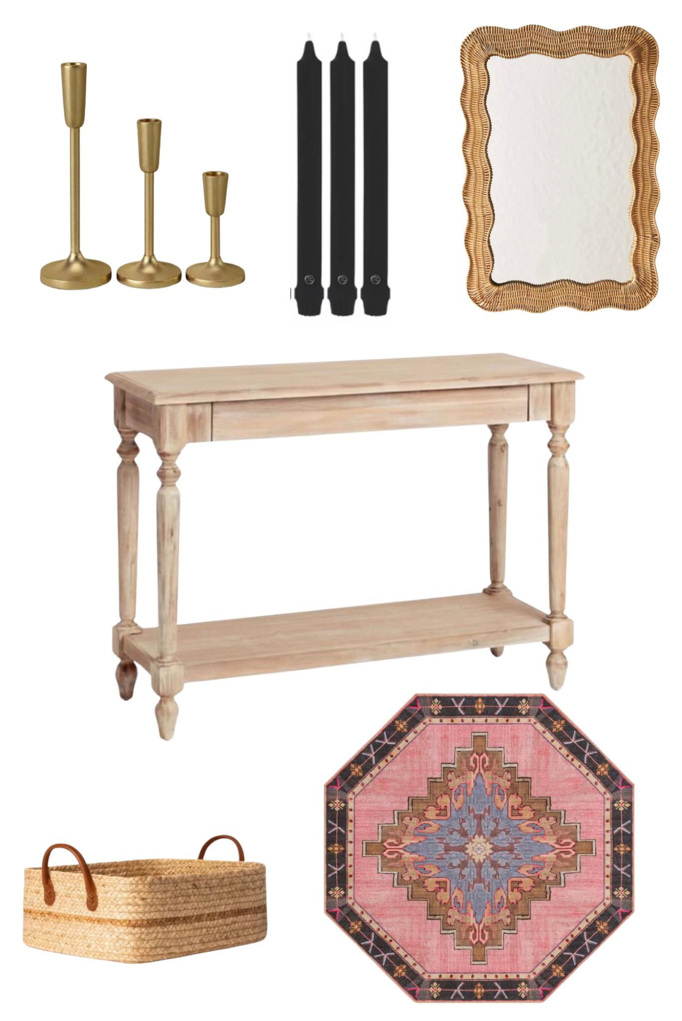 Fall is the perfect time to spruce up your foyer! Anchored around this gorgeous wood table, complete with a drawer - add in a pretty rug and gold tinged accents with the candle holders. Black candles add a touch of drama for the cozier months spent indoors, and tie in the black in rug pattern. The woven basket is great to have by the door for your bag, keys and gloves and scarves. Love the juxtaposition of the rustic table, rattan mirror (you can hang it horizontally to mimic the table and make your space feel longer!) and basket with the glam of the gold accents and colorful rug. Very casually chic!! 
Why Not Live Beautifully Each Day? 

#LTKHome #LTKSeasonal #LTKStyleTip