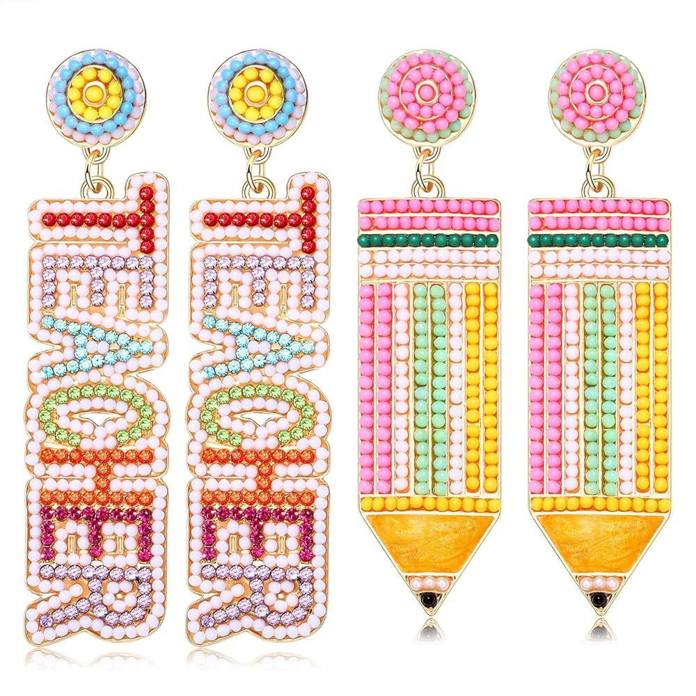 NLCAC 2 Pairs Women Beaded Pencil Drop Dangle Earrings - Back To School Teacher Appreciation Gift... | Amazon (US)