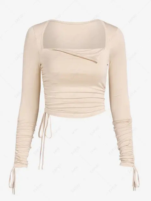 Geschnürte Geraffte Quadrat Kragen Slim T-Shirt | ZAFUL (Global)