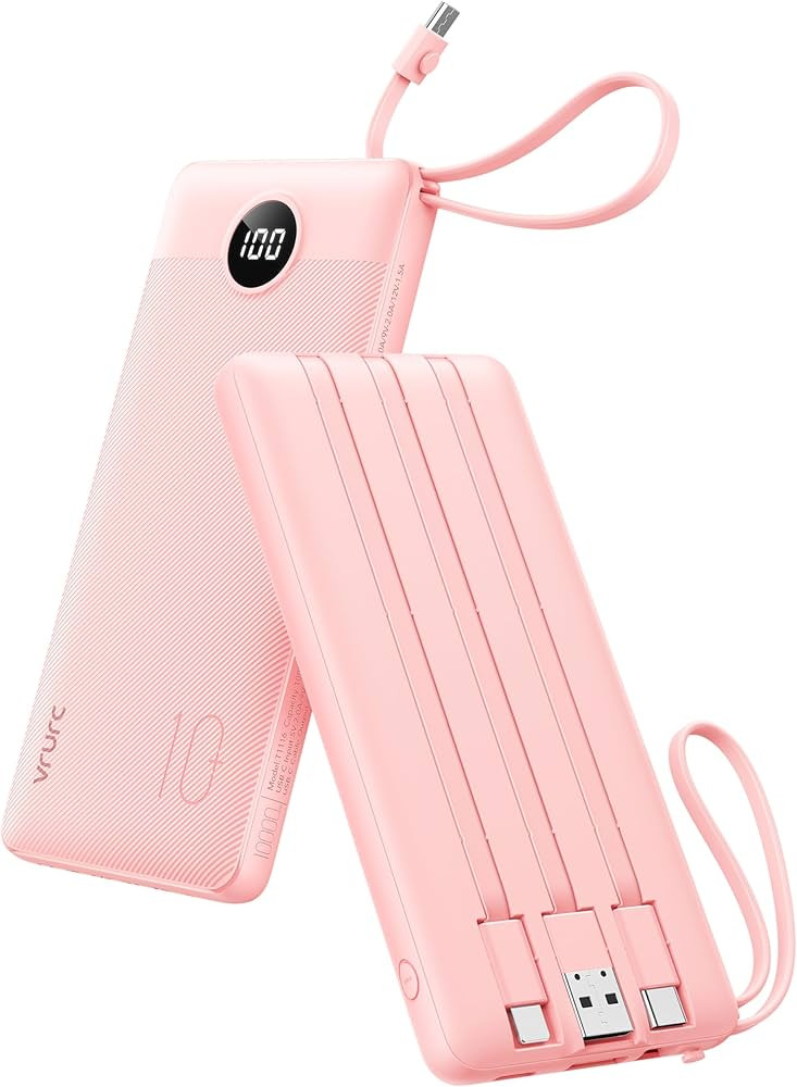 VRURC Portable Charger Power Bank, Built-in 4 Cables & 2 Ports,10000mAh Slim Battery Pack with LE... | Amazon (US)